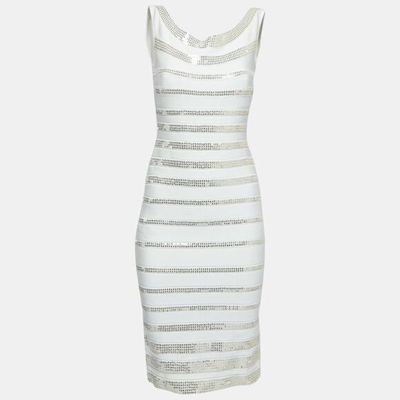 Herve Leger Fatima Gold Sequin Striped Bandage Dress White Alabaster Combo Small - Picture 5 of 16